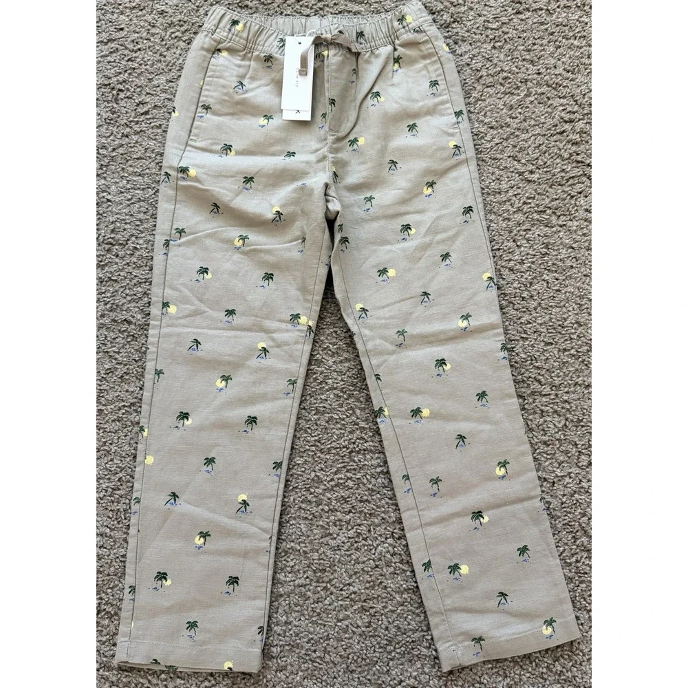 Janie and Jack Boys Linen Blend Khaki Pants Palm Trees Size 6 Slim Fit New W Tag